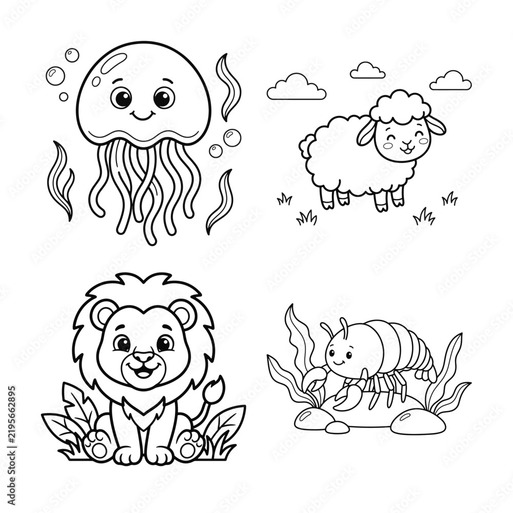 Obraz premium Cute animal coloring page vector bundle featuring adorable jellyfish sheep lion and caterpillar illustrations for kids activity books