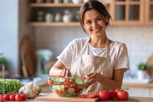 Smiling young woman preparing fresh vegetable salad in kitchen counter with tomatoes