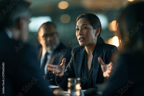 Confident middle-aged businesswoman presenting her strategy during a corporate boardroom meeting