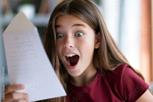 Excited young girl reading a letter with joyful expression and wide open mouth indoors