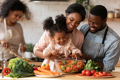Happy family with little daughter cooking together in kitchen and preparing salad with vegetables