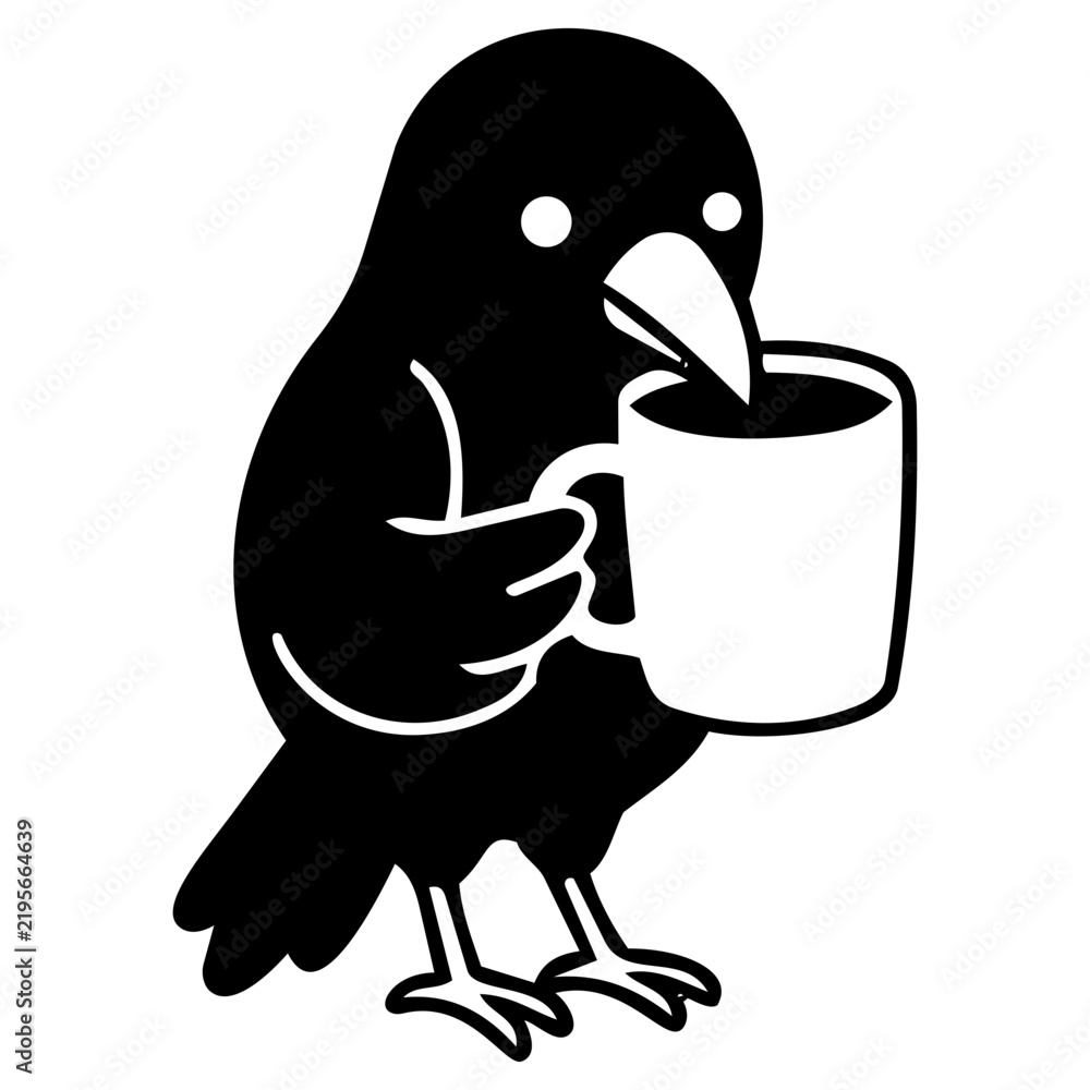 Obraz premium Abstract Black Raven Holding Coffee Mug in Minimalist Style