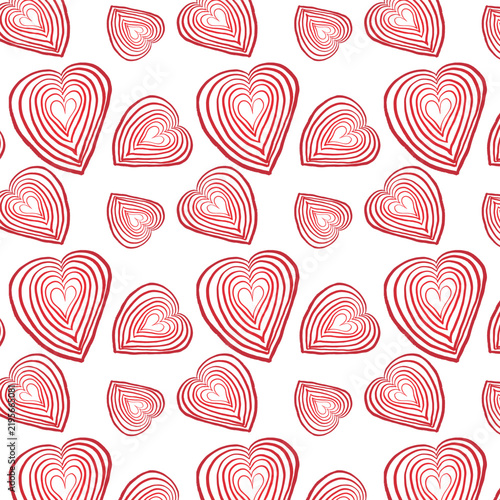 The image shows a seamless graphic pattern of red heart outlines on a white background, executed in a doodle style.