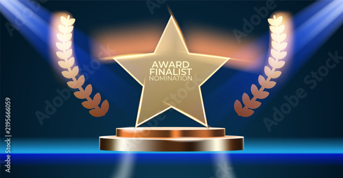 Fotografie gold star nominate trophy on podium, spotlight award finalist nomination on blue background