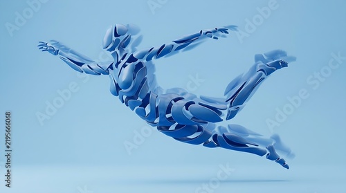 Futuristic Futuristic Female Cyborg Shattering and Flying, 3D Abstract AI Robot Tech Character, Monochrome Blue Background
