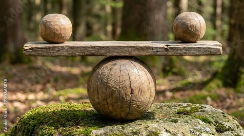 Rustic wooden balance scale with spheres and plank in a serene forest.