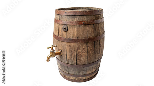 Konstfotografi Vintage rustic round brown wooden wine barrel tap isolated on transparent background