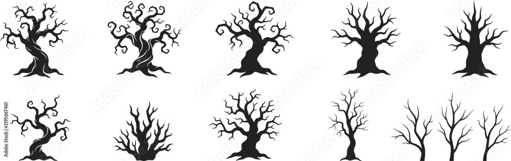 Obraz premium Set of spooky dead trees silhouettes for halloween design elements