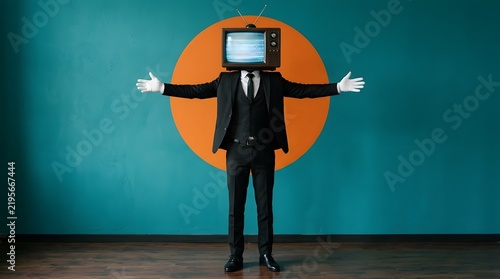 Man in suit with vintage TV head and white gloves against a vibrant orange circle