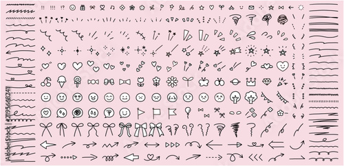 手書きの飾りのベクターイラストセット。手描き、集中線、矢印、リボン、落書き、ハート、キラキラ