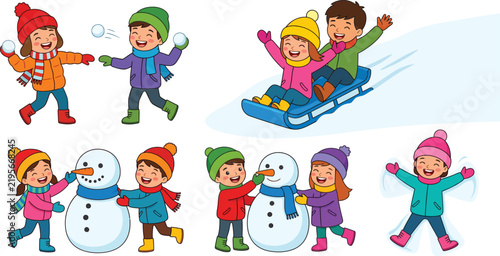 Foto Winter kids outdoor activities vector set, happy children playing in snow, build