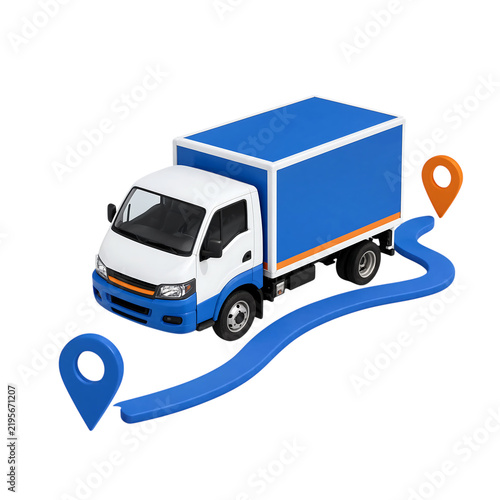 3D isometric delivery truck with navigation path and location map pins transparent background