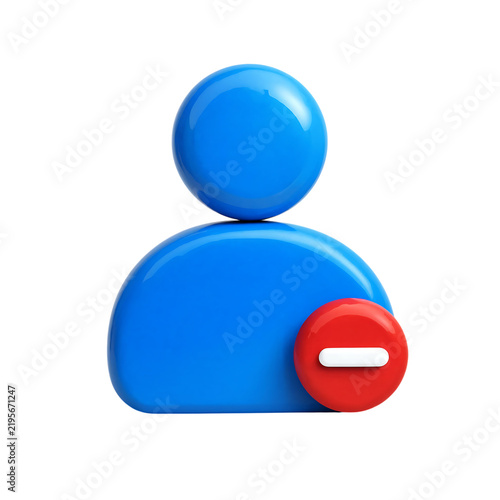3D render of a glossy blue user profile icon with a red remove or delete button symbol transparent background