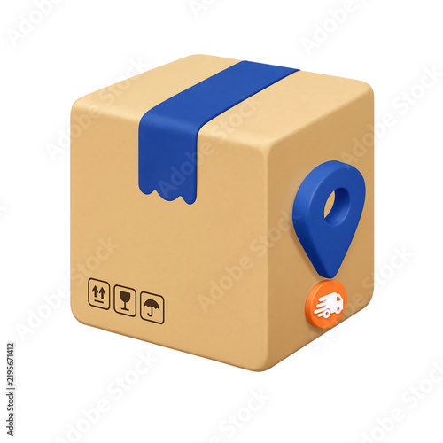 3D icon of a cardboard delivery box with location pin and shipping truck symbol transparent background