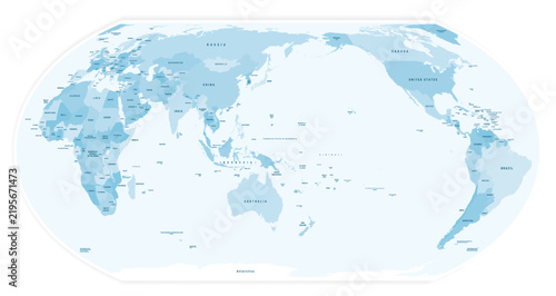 Map of World in new Equal Earth projection. High-quality political map. Editable vector illustration with layers and country names. Oceania centered map. Blue colored design.