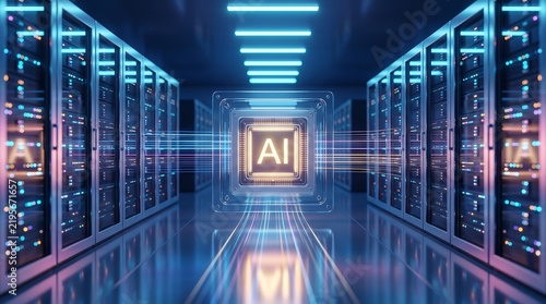 Glowing artificial intelligence chip hovering in middle of futuristic data center server room with high speed network connectivity lines streaming through server racks on both sides