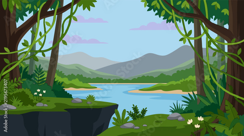 Foto Cartoon Jungle Landscape Illustration with River, Trees, Vines, and Mountains