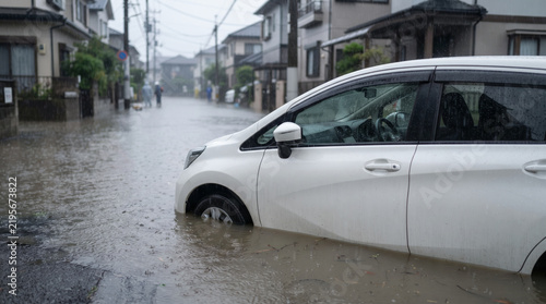 集中豪雨により住宅街の道路が冠水しタイヤが水につかる乗用車