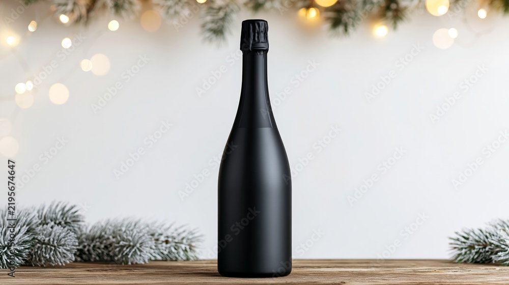 Obraz premium Elegant matte black champagne bottle presenting a blank label for branding. Celebrating winter holidays and New Year