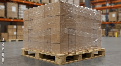 cardboard pallet wrapped with plastic shrink film inside warehouse logistics storage