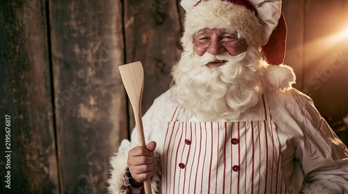 Santa Claus is dressed in a chef's hat and apron, cheerfully grasping a wooden spoon, eager to start cooking for the holidays
