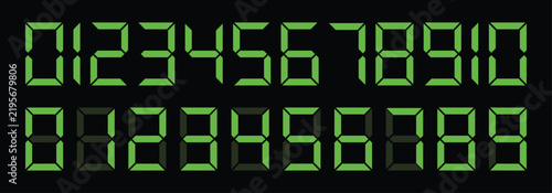Green Digital Clock LED 7 Segment Numbers Vector Set for Scoreboard Counter and Electronic Display UI Design