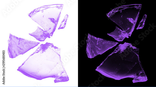 Fotografie Purple broken glass shards on white and black backgrounds, shattered violet crys