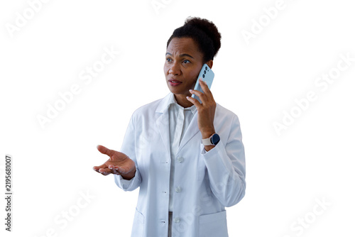 Businesswoman making phone call holding credit card