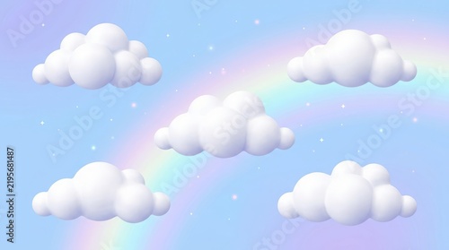 Fluffy white clouds with rainbow and sparkles on pastel blue gradient.