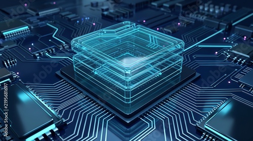Obraz na płótnie Layered glass microchip processor with a central glowing core on a complex motherboard circuit board representing high-performance computing and future hardware development