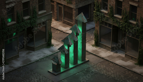 A conceptual 3D render of a glowing green growth chart standing in a quiet city intersection.