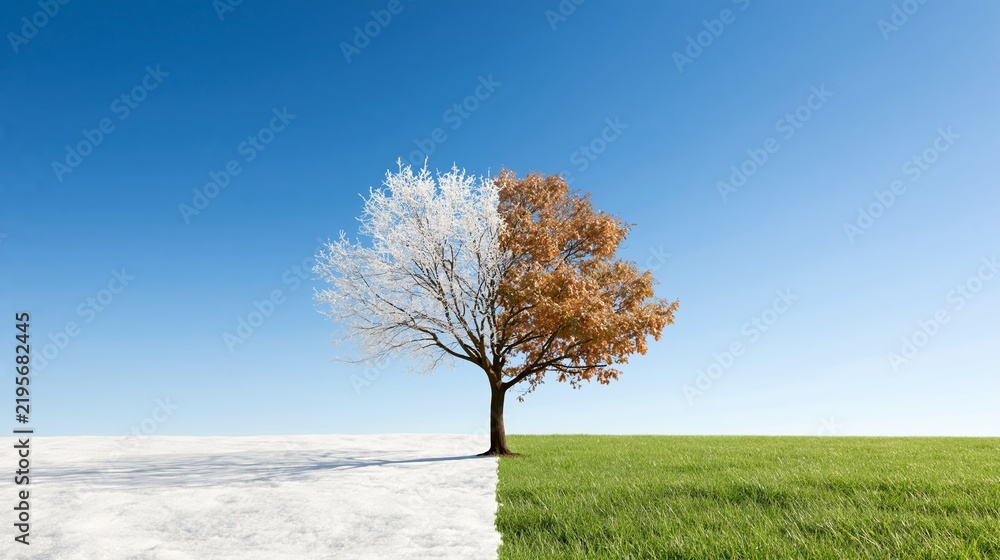 Obraz premium Tree visualizing winter and spring seasons merging, showing contrasting frosted and green foliage with snow and grass