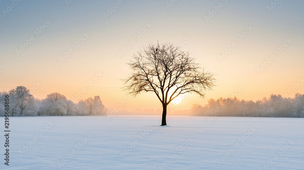 Obraz premium Solitary leafless tree standing in a vast snow covered field at winter sunrise, golden light glowing