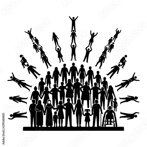 Diverse group of people silhouettes forming unity sunburst design