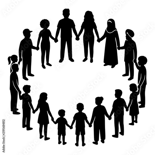 Diverse people holding hands in a circle silhouette vector illustratio