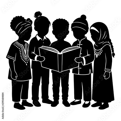 Diverse children reading a book together black and white silhouette