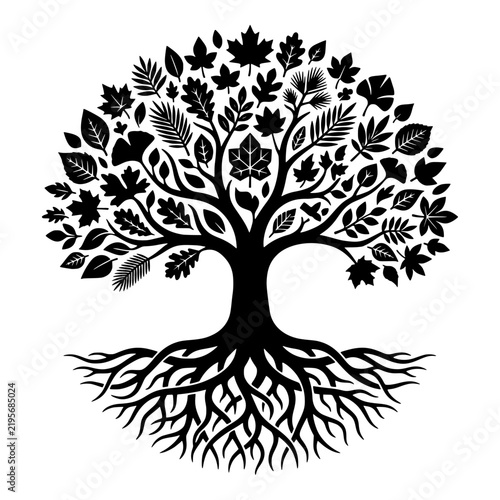 Black and white tree silhouette with diverse leaves for nature design