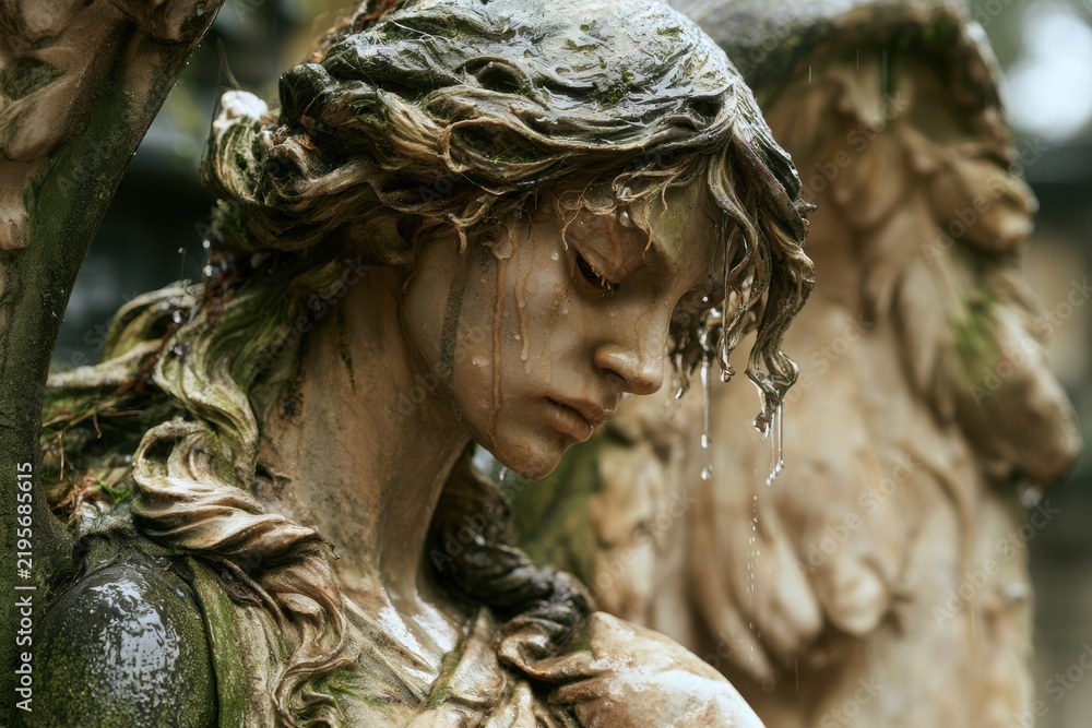 Fototapeta premium Stone angel statue with water dripping from face, symbolizing tears and mourning