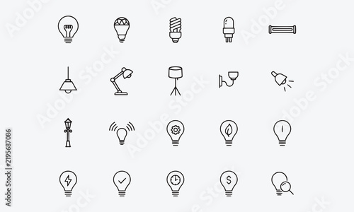 Light Bulb Flat Line Icons Set, LED Lamp and Fluorescent Lighting Types