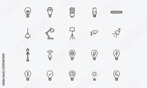 Light Bulb Flat Line Icons Set, LED Lamp and Fluorescent Lighting Types