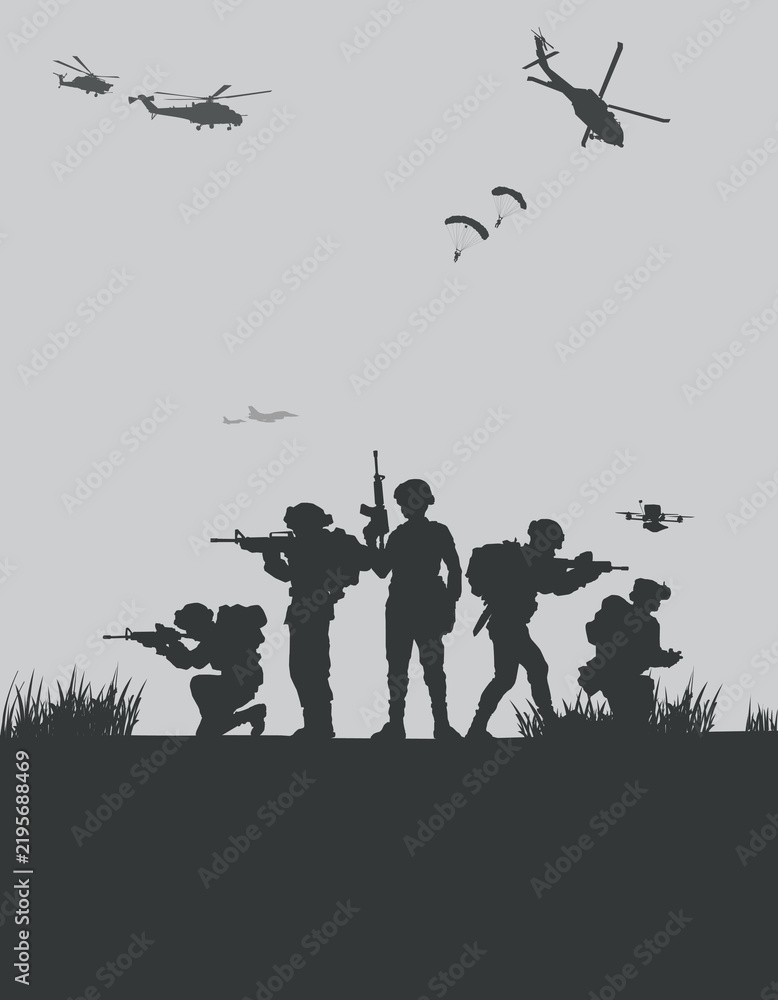 Fototapeta premium Soldiers vector, military vector illustration, Army background, soldiers silhouettes.