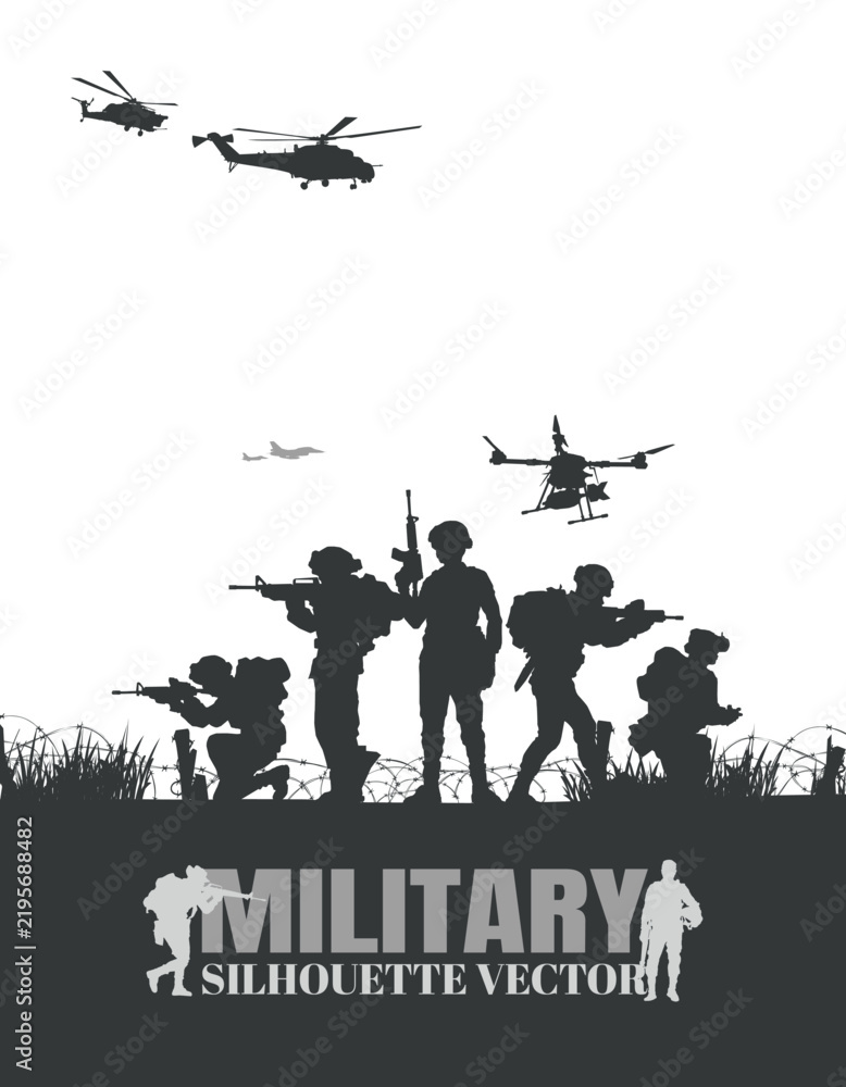 Obraz premium Soldiers vector, military vector illustration, Army background, soldiers silhouettes.