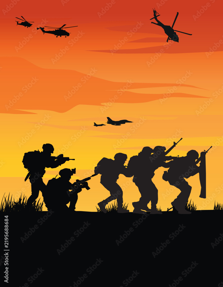 Obraz premium Soldiers vector, military vector illustration, Army background, soldiers silhouettes.