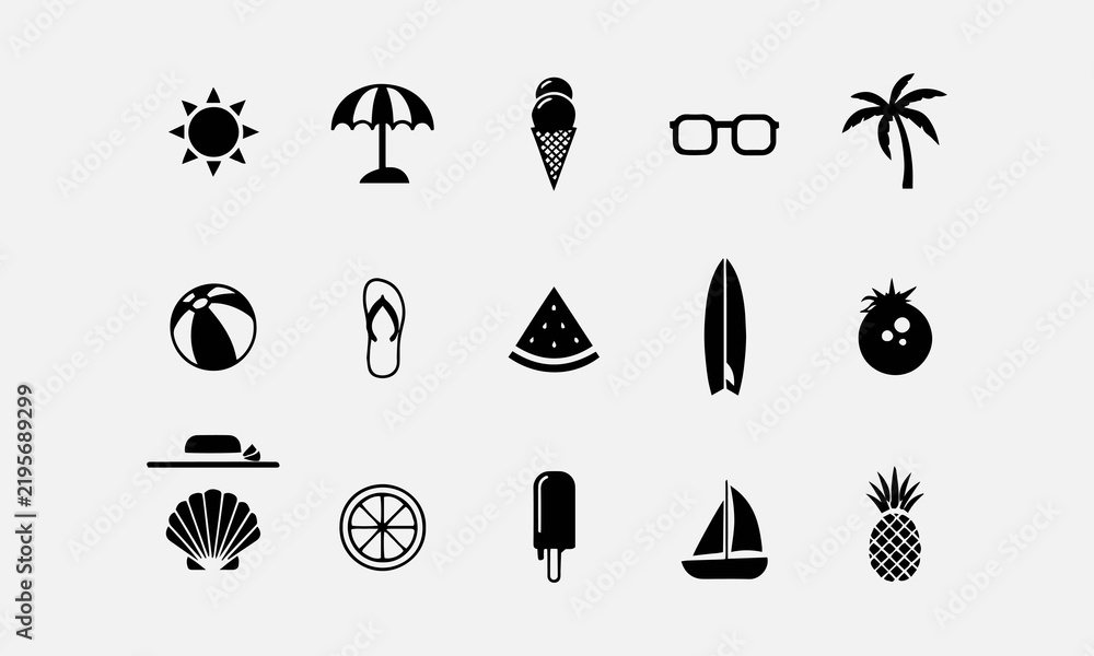 Obraz premium Summer Line Icons Set – Editable Seasonal Beach, Sun, Vacation and Holiday Vector Collection