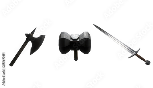 Medieval Weapons Set Including Battle Axe Hammer and Sword
