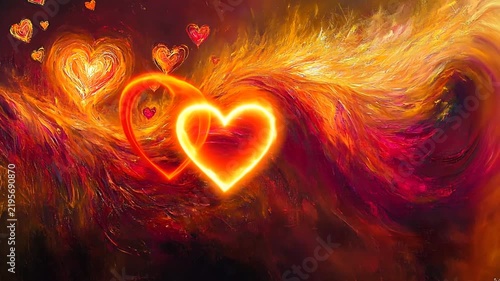 Abstract Romantic Background with Glowing Hearts and Fiery Energy Waves