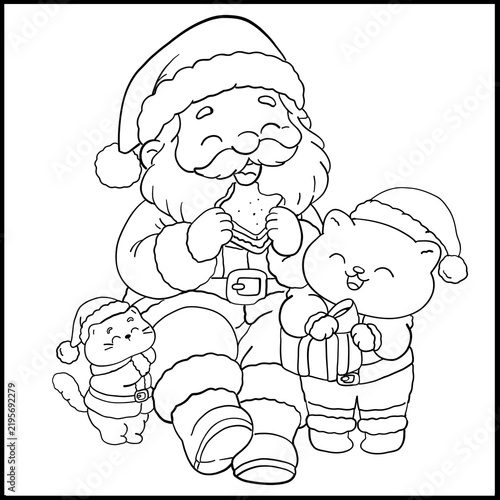 santa claus and his cat, hand drawn vector illustration set of christmas elements, Kawaii coloring page for cute, Christmas doodle, Coloring book and merry Christmas 2027