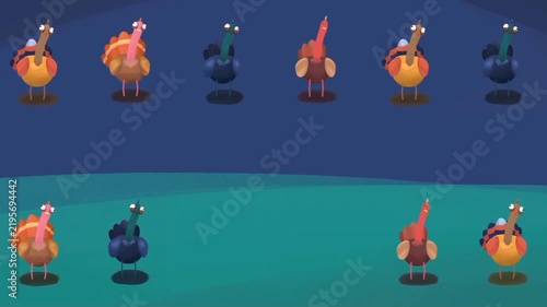 Animated turkeys standing and tilting heads on a dark blue background