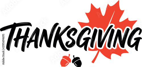 Thanksgiving text design with a vibrant red maple leaf and small decorative autumn elements on white background