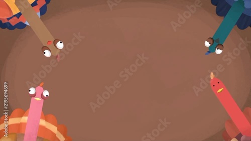 Animated turkeys with googly eyes on a brown background